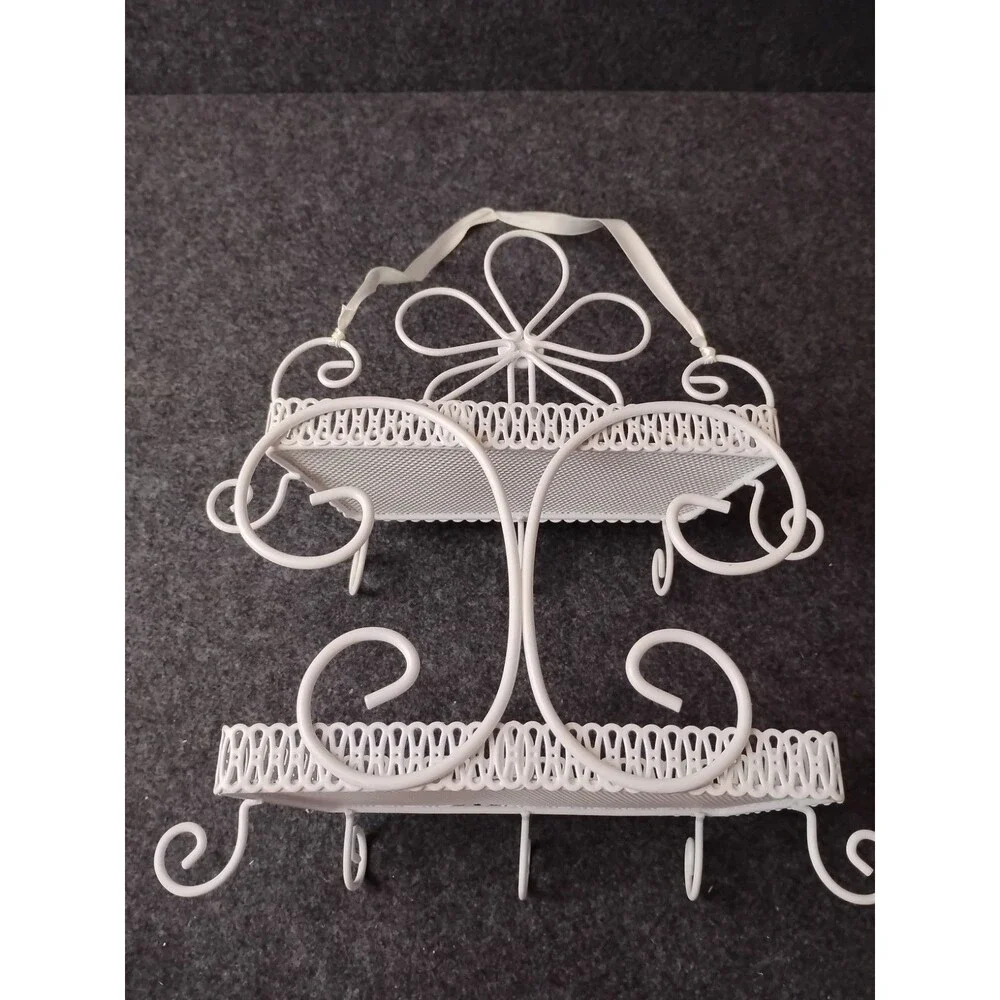 Vintage White Metal 2 Tiered Jewelry Cosmetics Shelf w Scroll Floral Design